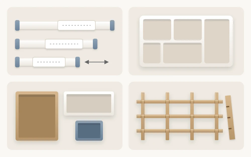 Four kinds of drawer divider side by side: an adjustable bar, a modular compartment tray, three small open boxes and a slotted cardboard grid