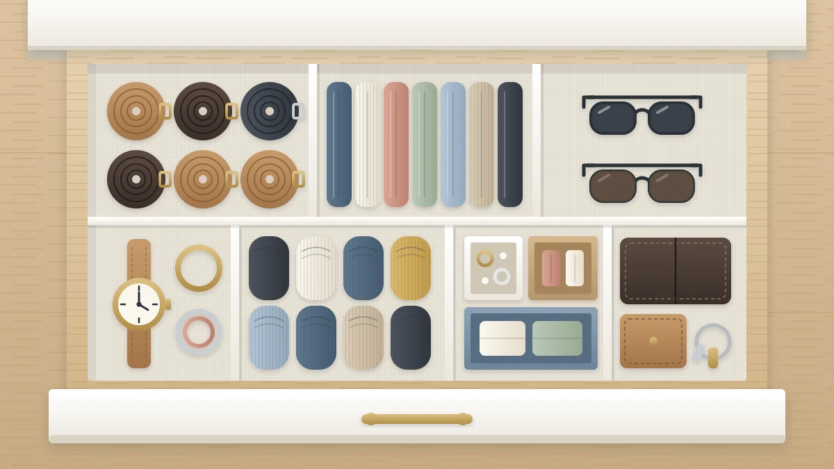 An open shallow drawer seen from above with dividers forming seven compartments holding rolled belts, folded scarves, sunglasses, a watch and small boxes