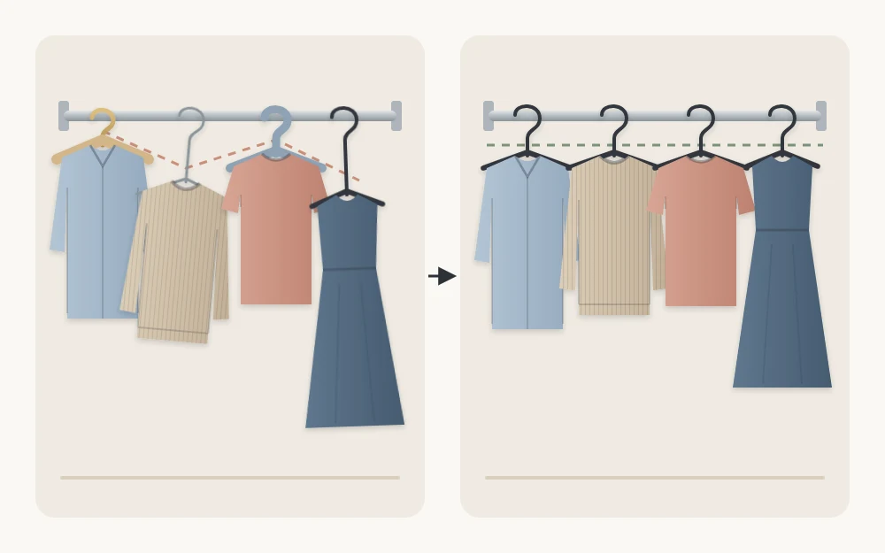 Two rod sections compared: garments on mismatched hangers at uneven heights, and the same garments on matching slim hangers hanging level