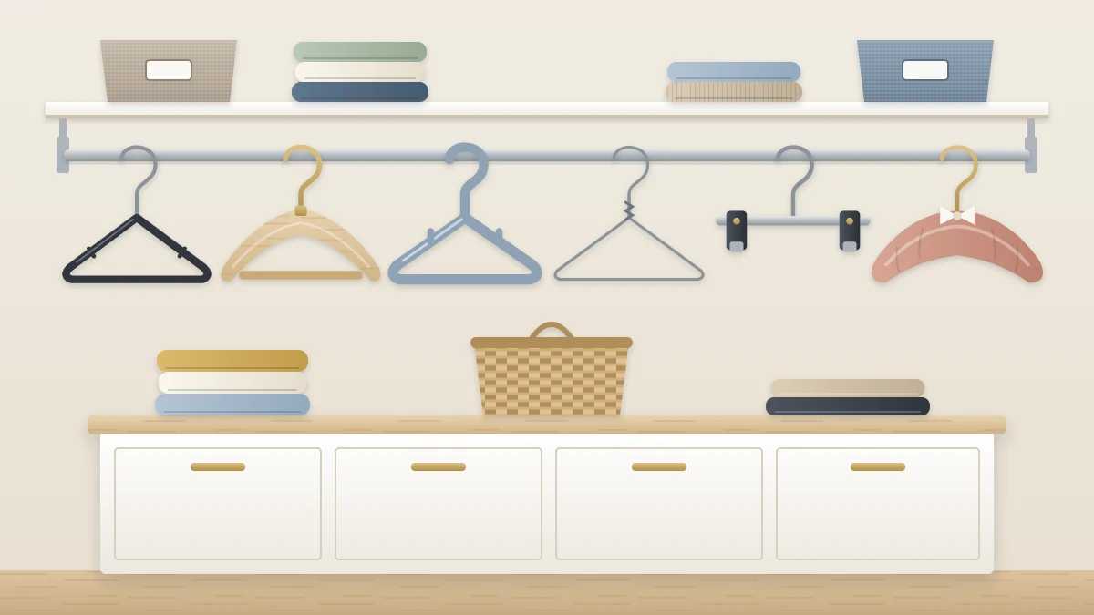 Six different empty hangers in a row on a rod: slim flocked, shaped wooden, plastic tubular, thin wire, clip and padded