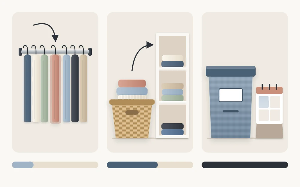 Three tiles from small to large effort: a hanger returned to a rod, a basket of folded laundry by a shelf, and a storage bin beside a blank calendar