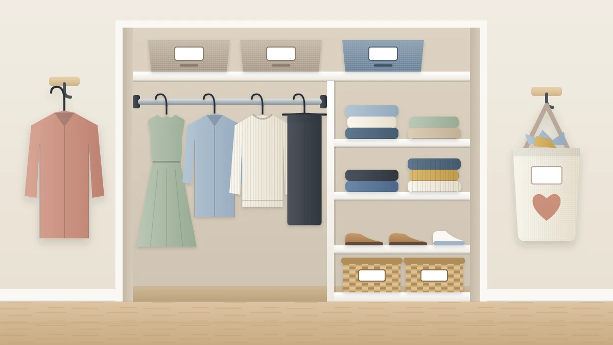 A tidy closet with evenly spaced hanging clothes, low folded stacks, a clear floor, one wall hook with a shirt and a canvas donation bag at the side