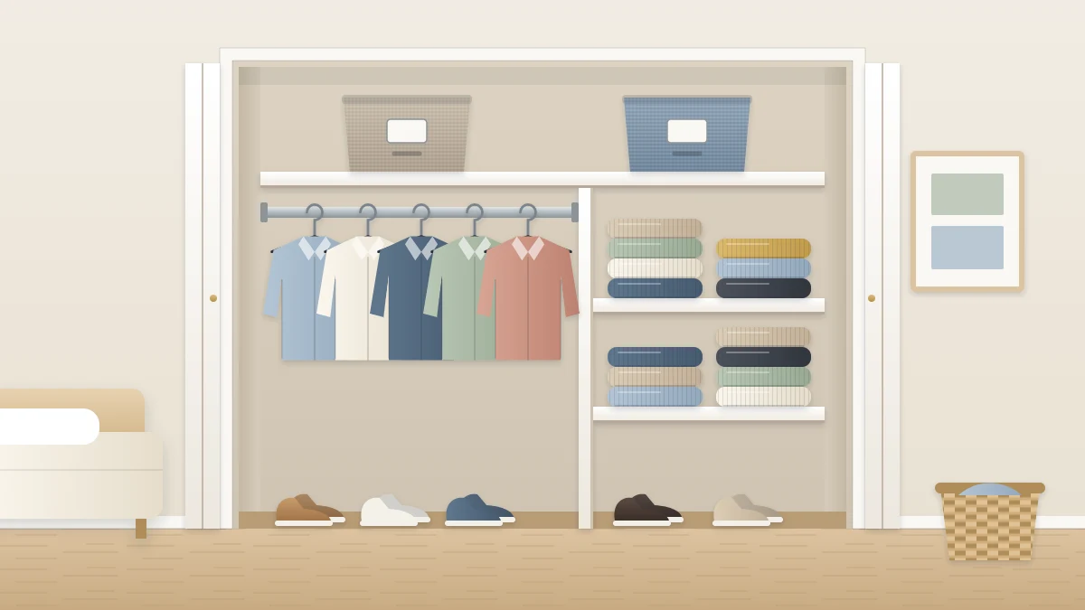 An open reach-in closet with a tidy row of shirts on a rod, folded sweaters on shelves, shoes on the floor and two fabric bins above