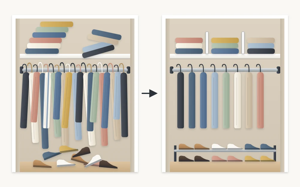 The same closet before and after: an overpacked rod, leaning stacks and heaped shoes, then spaced hangers, low divided stacks and paired shoes