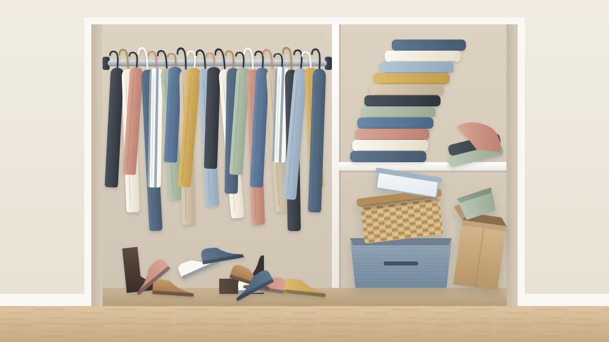 A cluttered closet with an overpacked rod of mismatched hangers, a tall leaning stack of clothes, a heap of shoes and empty bins in a corner