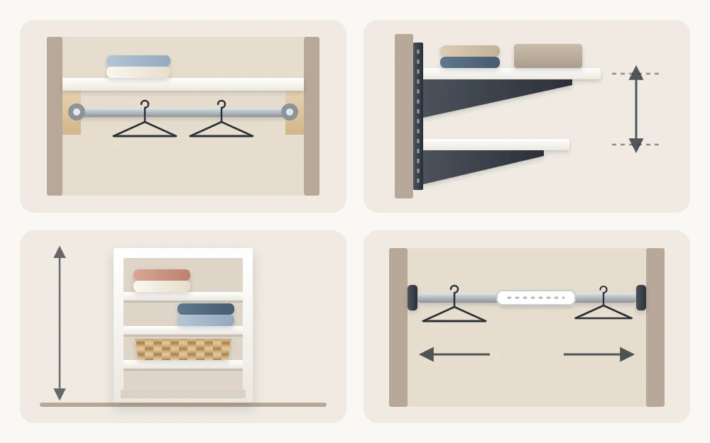 Four panels of closet hardware: a fixed shelf with rod, a wall strip with adjustable brackets, a freestanding tower and a tension rod