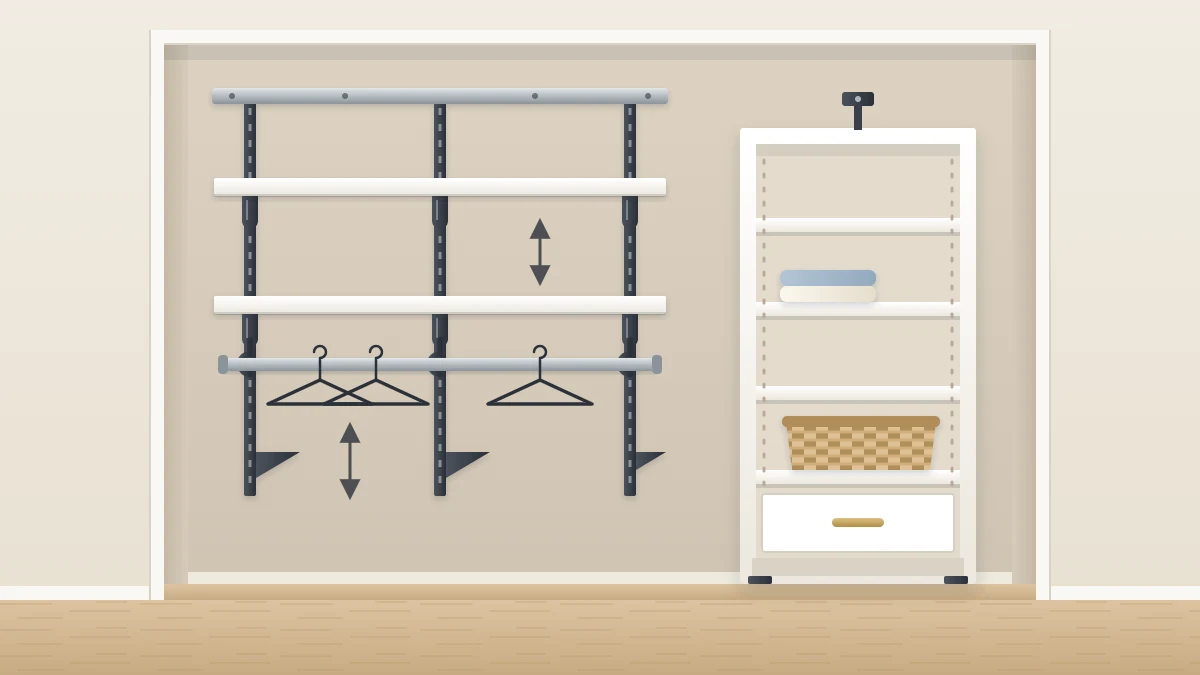 An empty closet interior with a top rail, vertical strips and movable brackets holding two shelves and a rod, beside a freestanding shelf tower