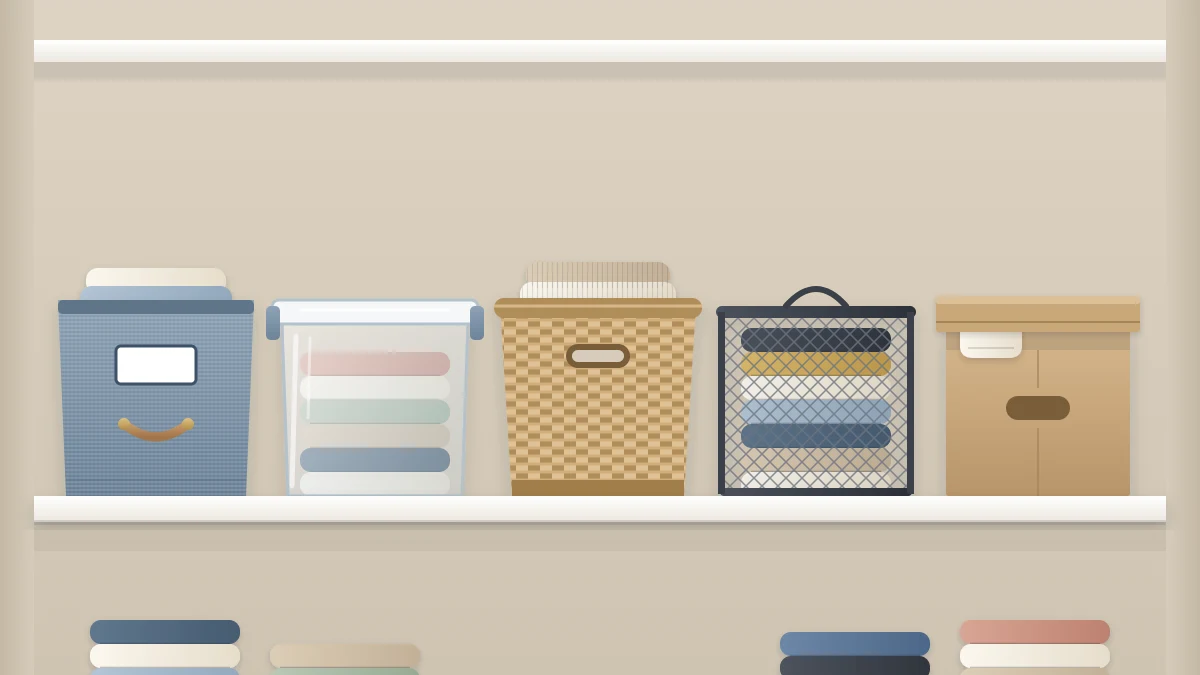 Five storage containers in a row on a closet shelf: a fabric bin, a clear lidded plastic box, a woven basket, a wire mesh basket and a cardboard box