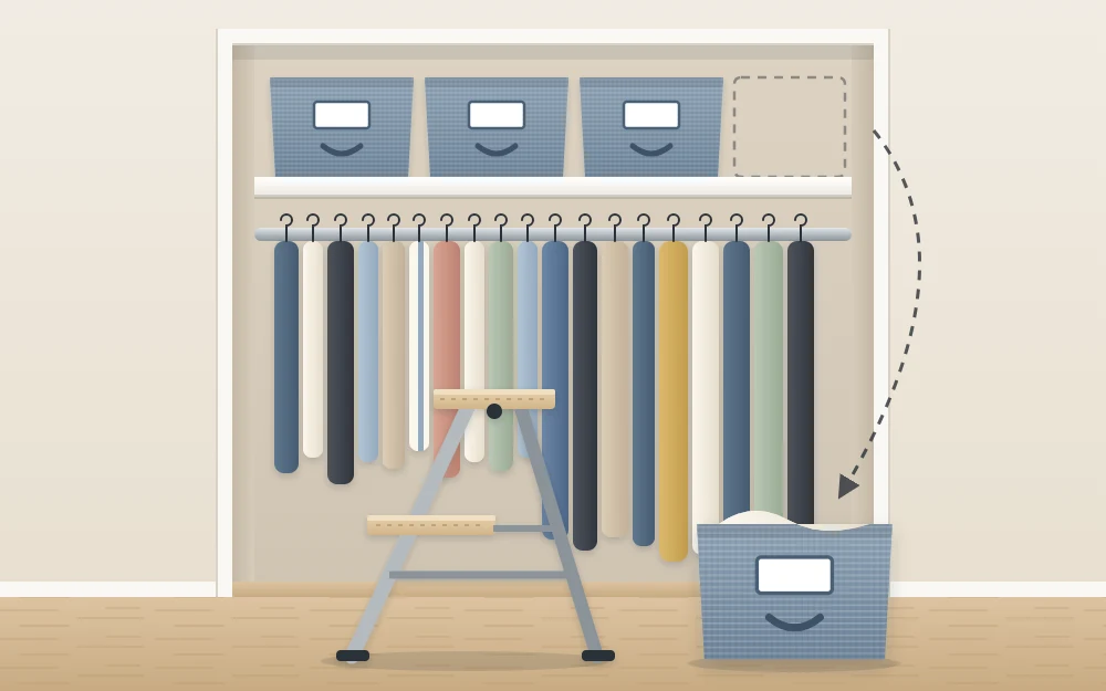 A two-step folding step stool on a wooden floor in front of an open closet, with one bin taken down beside it