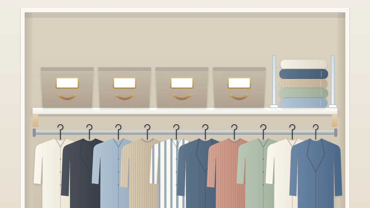 Upper closet shelf with four matching fabric bins with front handles and blank label holders, and a blanket stack held by shelf dividers