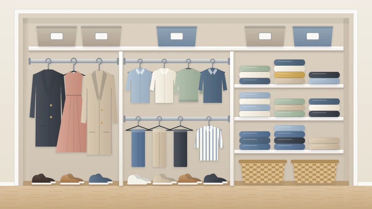 A wide closet divided into sections: long hanging garments, a double row of short garments, shelves of folded stacks, shoes and bins