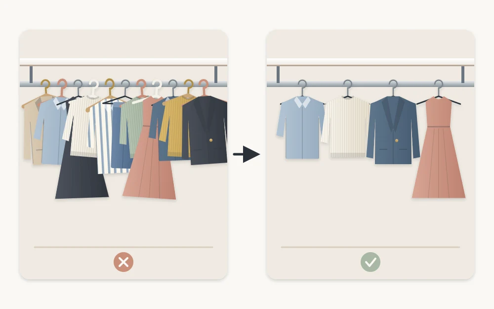 The same closet rod before and after: tightly packed garments on mixed hangers, then fewer garments evenly spaced on matching hangers