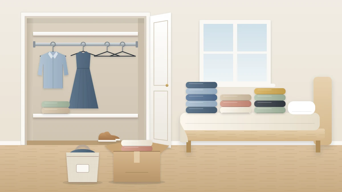 A bed used as a sorting surface with three piles of folded clothes, a box and a bag beside it, and a half-empty closet behind