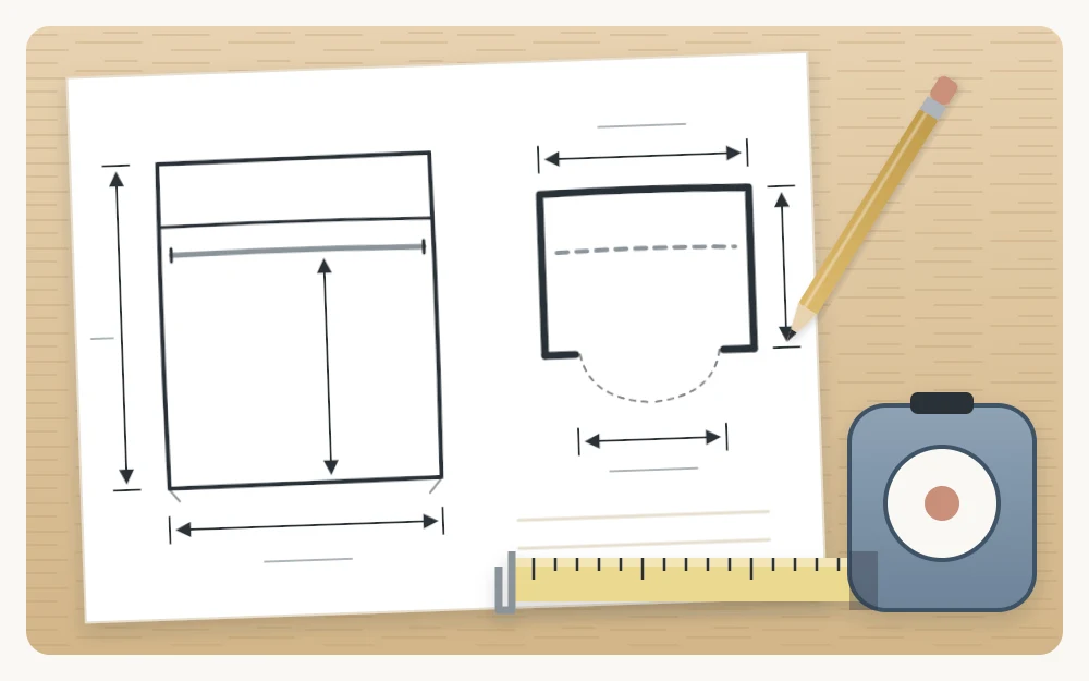 A sheet of paper with blank front-view and top-view outline sketches of a closet, beside a pencil and a retractable tape measure