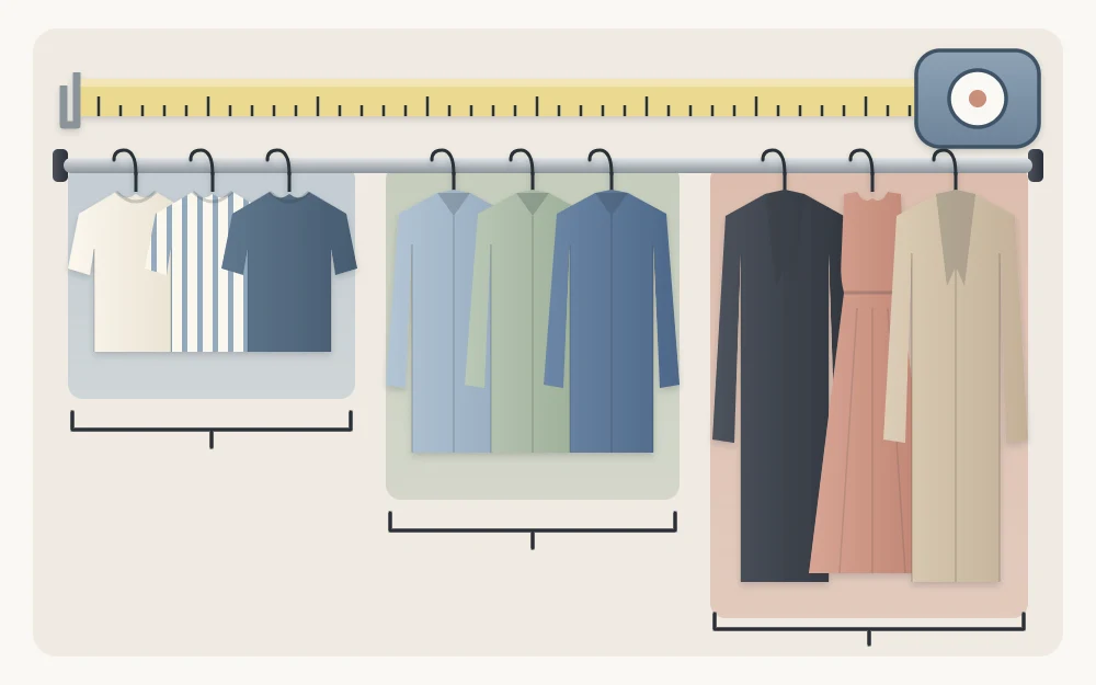 A closet rod with garments in short, medium and long groups, a bracket under each group and a tape measure held along the rod