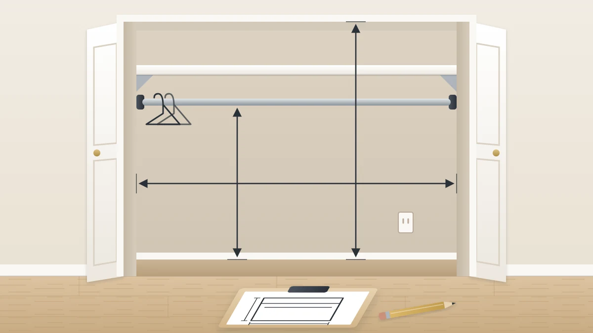 An empty reach-in closet with arrows marking its width, its height and the rod height, and a clipboard with a blank sketch on the floor