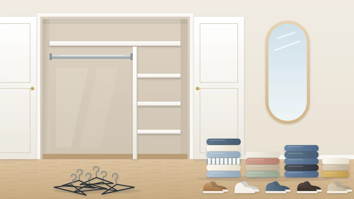 An empty reach-in closet with a bare rod and shelves, beside sorted stacks of folded clothes, a row of shoes and a pile of hangers