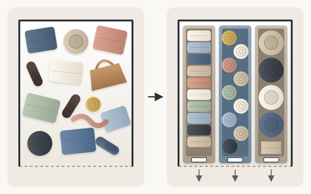 Top view of a deep shelf shown two ways: loose items jumbled two rows deep, and three long bins running front to back