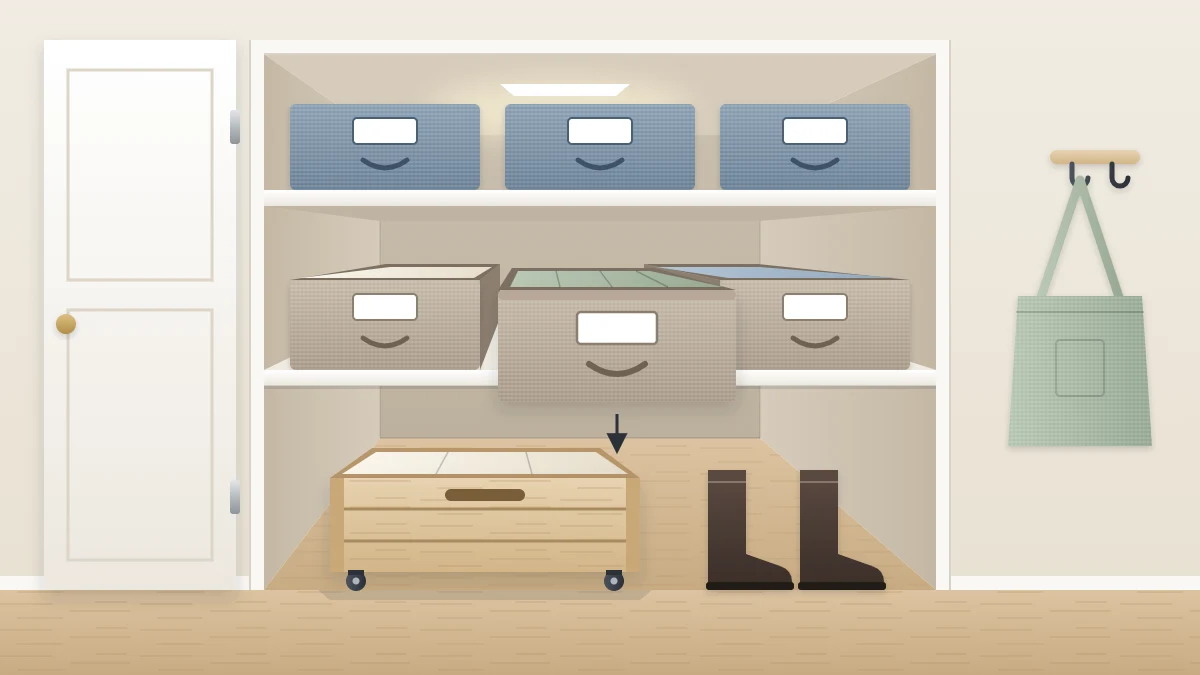 A deep closet seen at an angle with deep shelves holding long bins with handles, one bin pulled halfway out, and a low rolling crate on the floor