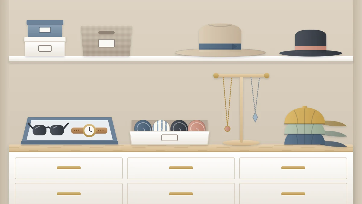 A closet shelf with a shallow tray of sunglasses and a watch, a box of rolled ties, stacked caps, a brimmed hat and a small stand with two necklaces