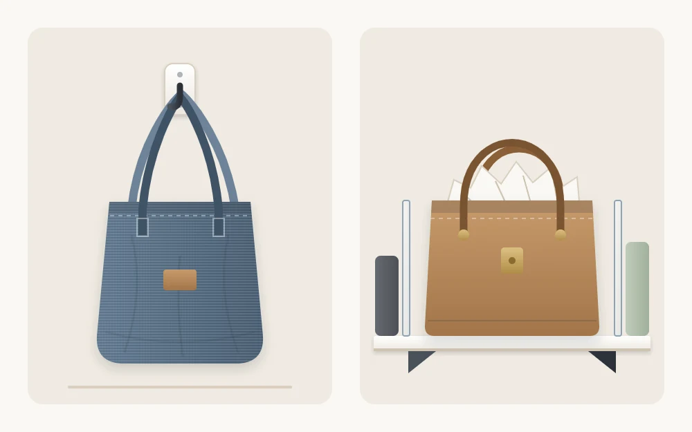 A soft tote bag hanging from a wall hook by its straps beside a structured handbag standing on a shelf with paper filling