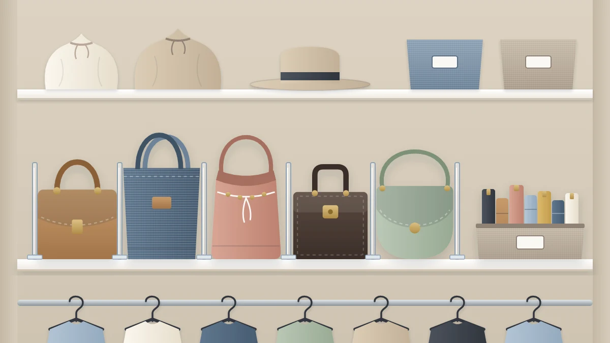 A closet shelf with five handbags standing upright side by side between slim clear shelf dividers and a shallow box of clutches at one end