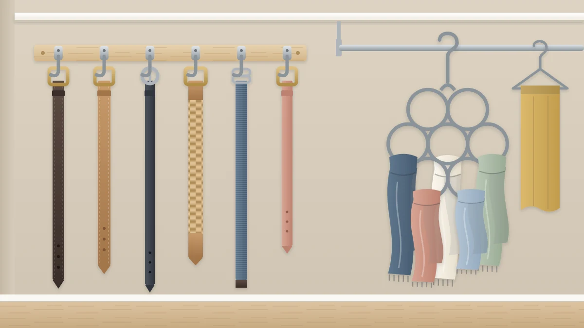 A closet side wall with a rail of six hooks holding belts by their buckles beside a round multi-ring hanger with scarves looped through the rings
