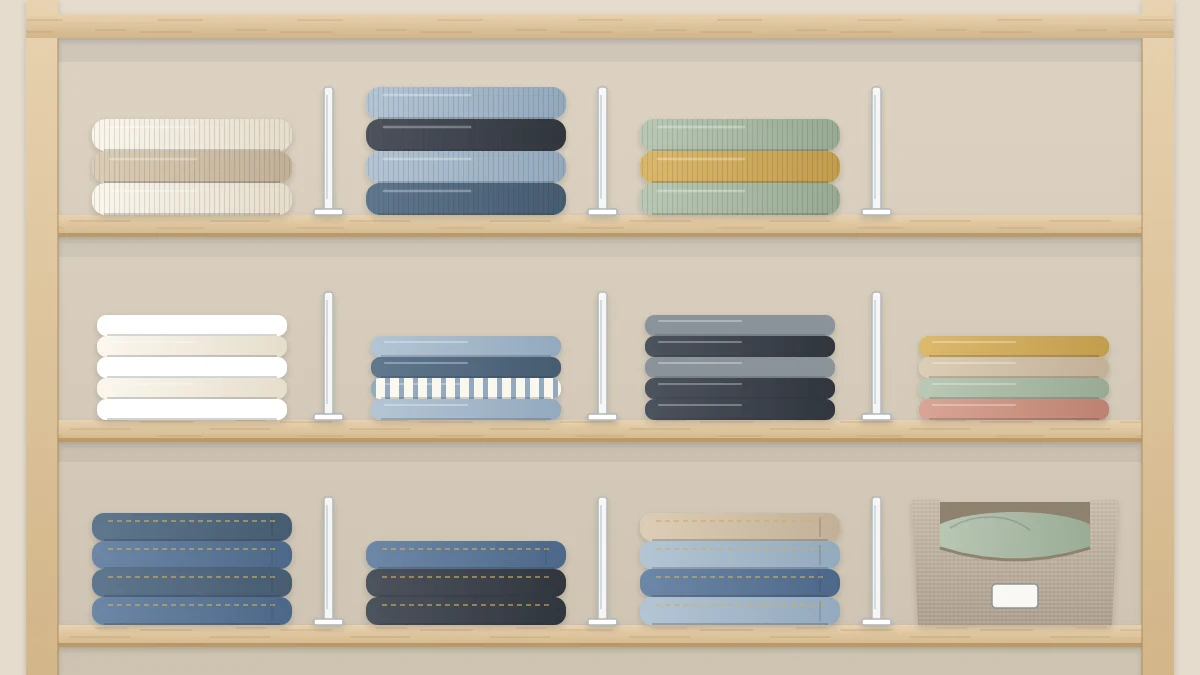 Three closet shelves with low stacks of folded sweaters, T-shirts and jeans, folded edges facing out, with shelf dividers between