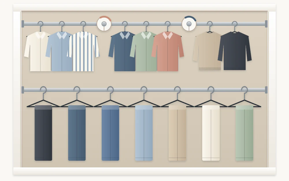 A closet section with two rods one above the other, shirts above and folded pants below, with round divider discs on the upper rod