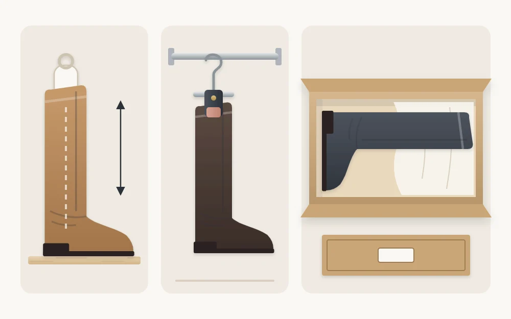 Three ways to store a tall boot: standing with a shaper inside, hanging from a padded clip hanger, and lying flat in a long box