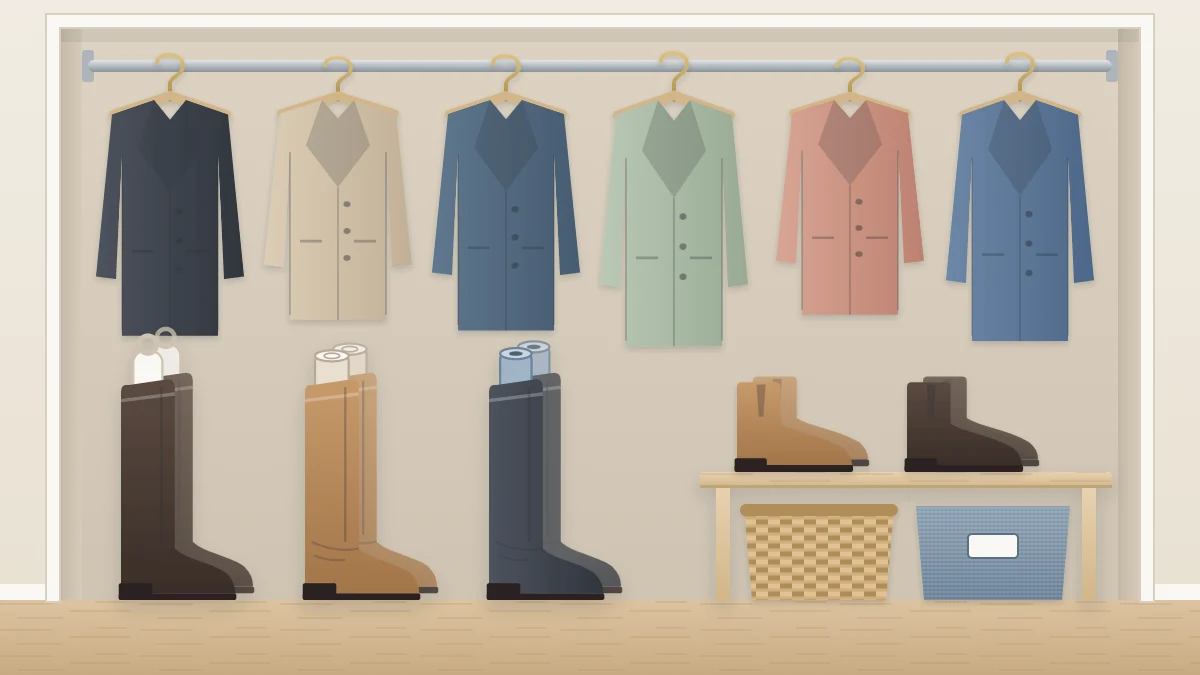 Three pairs of tall boots standing upright in a row on a closet floor with inserts in the shafts, ankle boots on a low shelf beside them