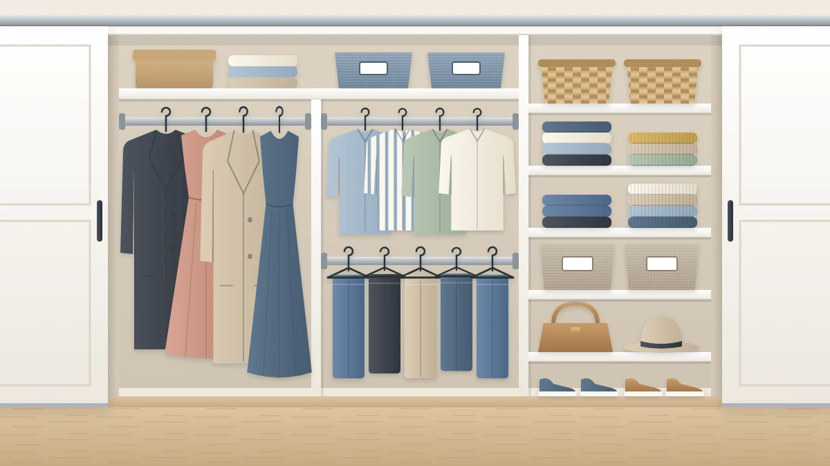 A reach-in closet with sliding doors pushed aside showing long garments on the left, two stacked rods in the middle and a shelf tower on the right