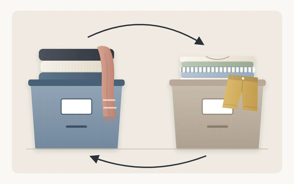 Two storage bins side by side with curved arrows between them, one holding thick folded knits and the other light folded shirts and shorts