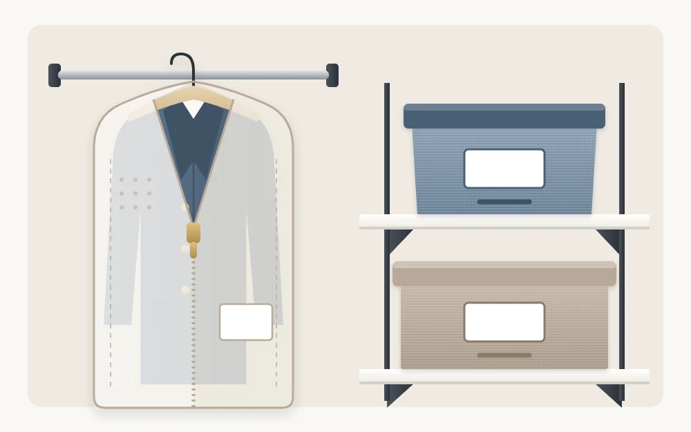 A long coat on a shaped hanger inside a half-zipped garment bag on a rod, beside a shelf with two lidded boxes
