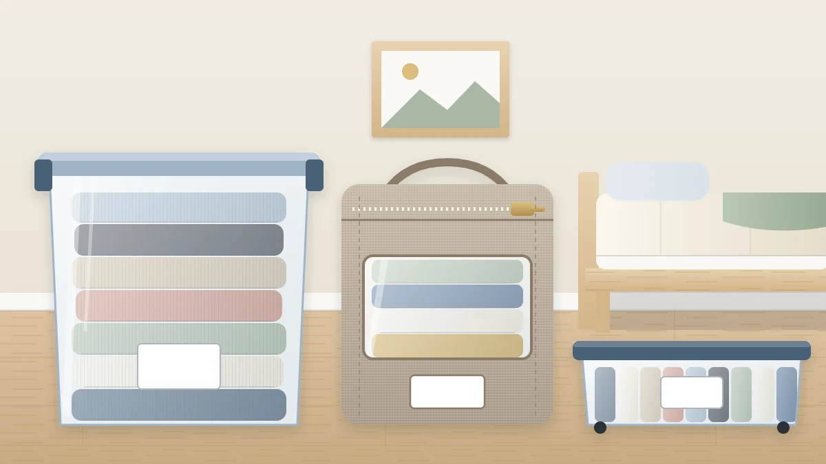 Three containers of folded off-season clothing on a bedroom floor: a clear lidded bin of sweaters, a zipped fabric bag and a flat under-bed container