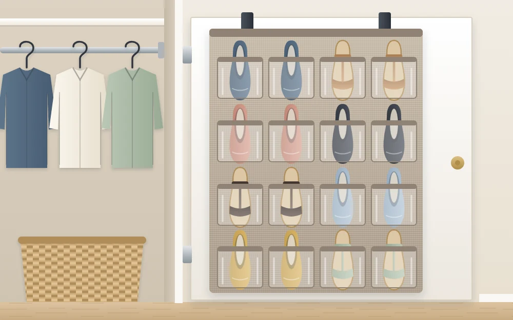 Inside of an open closet door with a fabric pocket organizer holding flat shoes and sandals in four rows