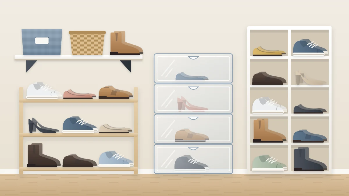 Three kinds of shoe storage side by side on a closet wall: an open three-tier rack, a stack of clear drop-front boxes and a tall narrow cubby unit
