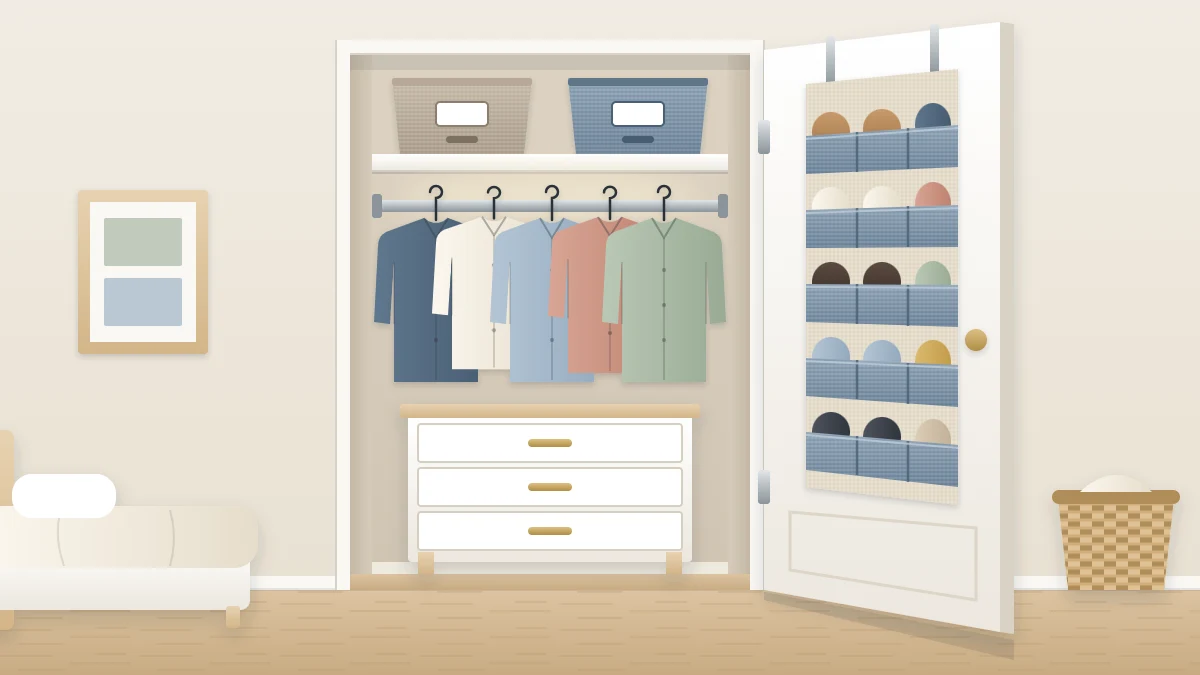 A narrow single-door closet with a short rod of shirts on slim hangers, a three-drawer unit below, two bins on the upper shelf and a pocket organizer on the door