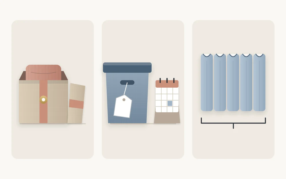 Three tiles: a small keepsake box with one folded garment, a storage box with a blank tag and calendar page, and a row of five folded T-shirts
