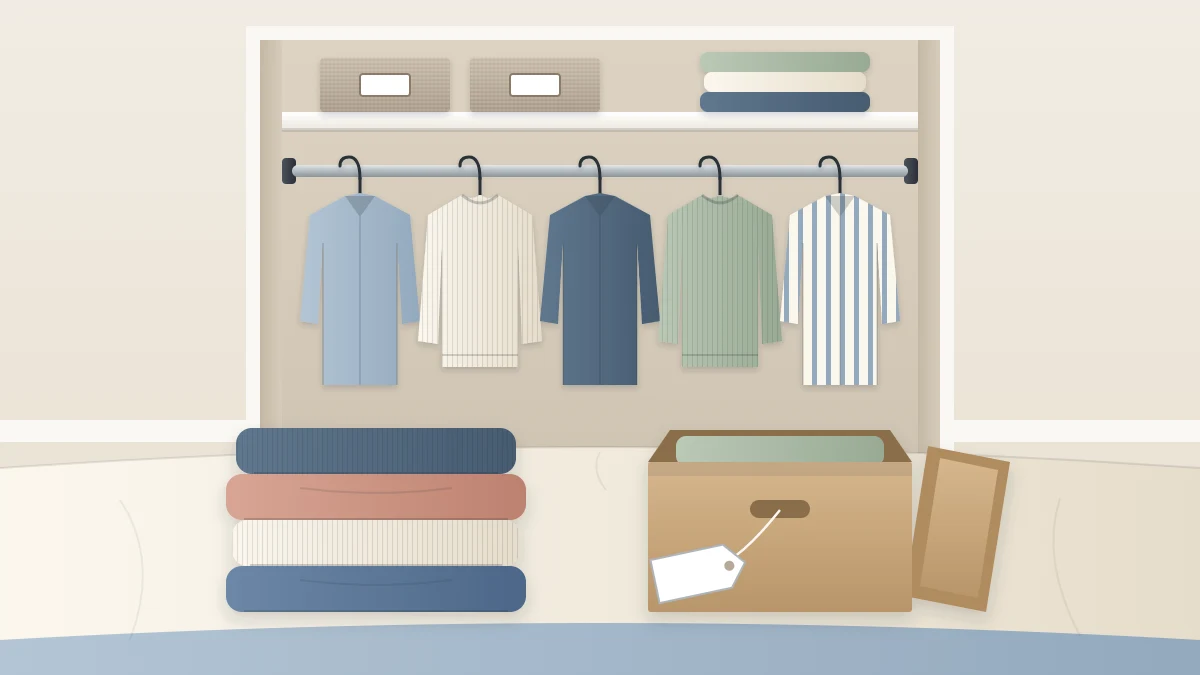 Four folded garments on a bed beside an open lidded box with a blank dated tag, with a tidy closet rod of evenly spaced clothes behind