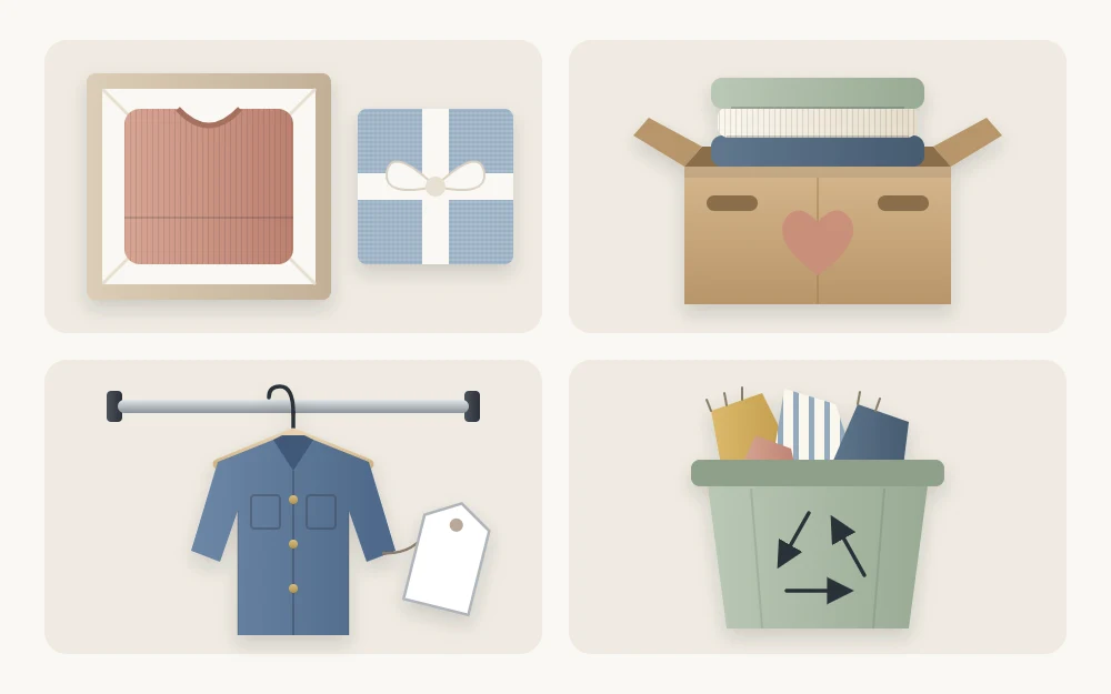 Four tiles: a folded garment in a gift box, a donation box of folded clothes, a garment with a blank price tag, and a recycling bin of fabric scraps