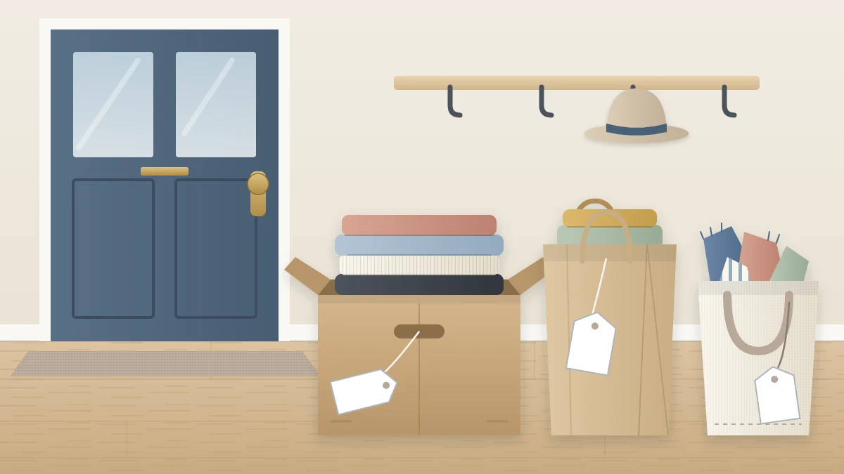 A cardboard box of folded clothes, a paper bag of folded items and a canvas tote of worn fabric pieces standing by a front door