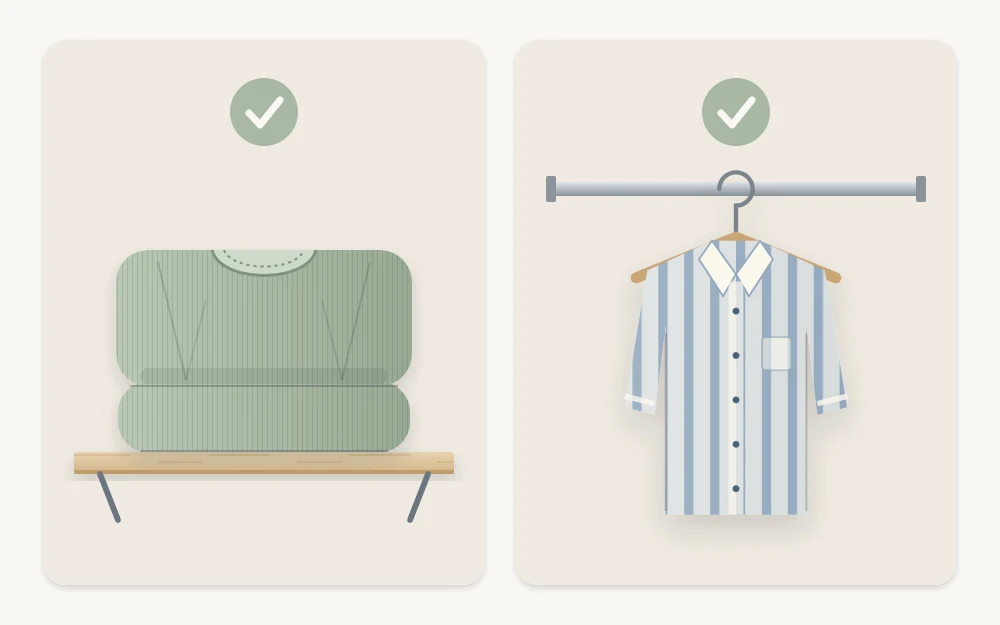 Two tiles side by side: a thick knit sweater folded on a shelf and a collared woven shirt on a hanger, each under a check mark