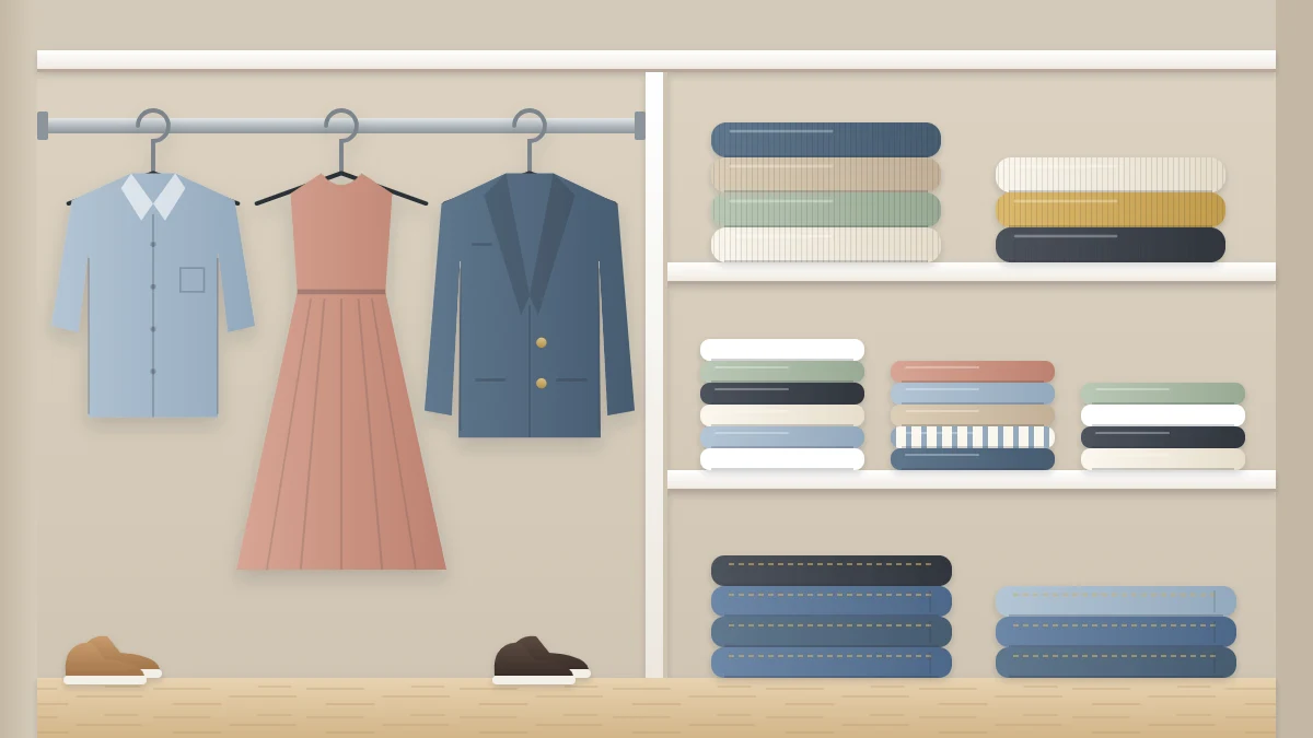 A closet section split in two: a shirt, a dress and a jacket on hangers, and shelves of folded sweaters, T-shirts and jeans